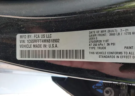 2021 Ram 1500 Big Horn 4X4 5'7 Box from USA, damaged, VIN 1C6SRFFT4MN818902